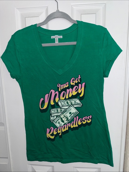 Reserved Tops - Green V-Neck Graphic Tee - 'I'ma Get Money'